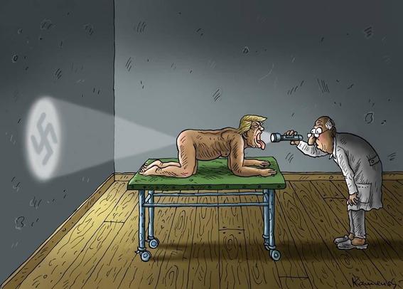 Cartoon, showing Trump naked, leaning on his elbows and knees on a examination table in a doctor's office. The doctor shines with a torch in Trump's mouth, on the wall behind Trump the light shines out of his ass, in the circle of light there's a Swastika.
Facebook has banned cartoonist and artist Marian Kamensky from the social network for 30 days for a cartoon printed in numerous newspapers worldwide, depicting the American president naked with a swastika shining from his anus. Kamensky, who works for various media outlets, from Playboy to Der Spiegel, considers the banning of his account "totalitarian" and has written to Facebook to lift the ban. According to the artist, all cartoonists use swastikas in Trump's drawings because such symbols are rife in his circle: