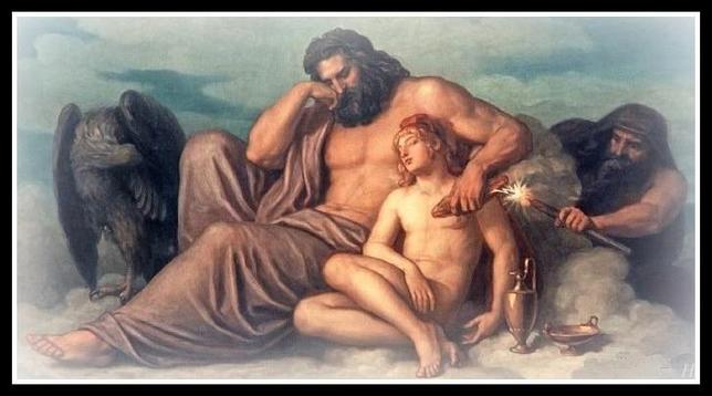 Oil painting of Zeus and Ganymede asleep on a cloud, Zeus' eagles with its head tucked under its wing, while Prometheus steals fire from Zeus' thunderbolt. His actual thunderbolt, it's not a euphemism.
