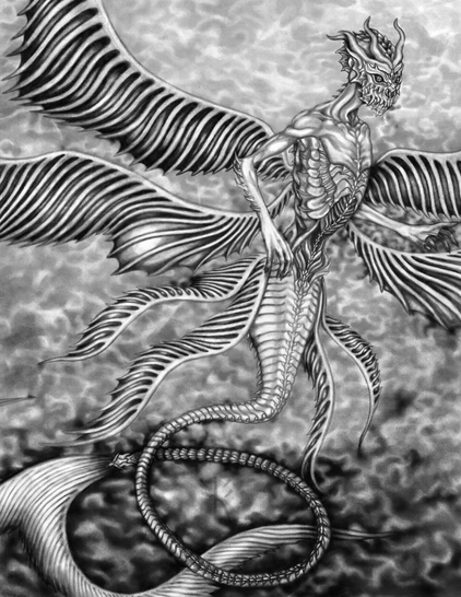 Black and white sci-fi fantasy monster drawing by Kmac of an aquatic alien creature with a humanoid upper torso and a gargoyle-esque face. The creature has a skeletal physique, a mermaid-like tail with multiple trailing tendrils, and wings-like fins protruding from its back. The beast is featured against a textured, cloudy background with murky, ambiguous shadows.
