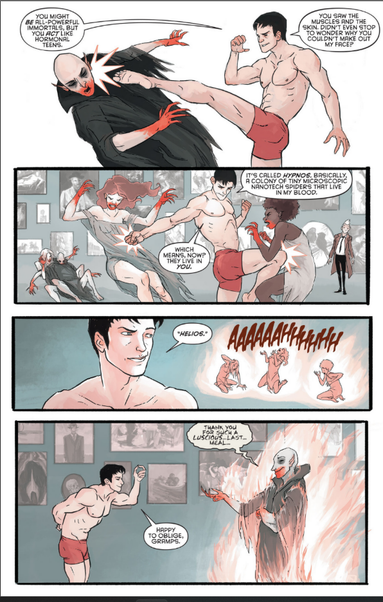 Dick Grayson is back on his feet and fights the Vampires before John could interfere, telling them about the nano machines (Son), that are running around his body and how it's now running in theirs. Before saying a keyword "Helios" to activate the nano machines and set the Vampires ablaze.

As he dies the Nosferatu Vampire calmly thanks Dick for allowing him to has such a luscious last meal.