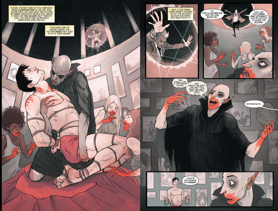 The Nosferatu Vampire hugs Dick Grayson to himself, as he leans in to suck his blood, his childe looking jealous that they can no longer park take in such a delicious treat. Meanwhile John final breaks the barrier keeping him out, attracting the attention of the Vampires, the Nosferatu sire comments on how inferior John smells in comparison to the mean he just made out of Dick Grayson.