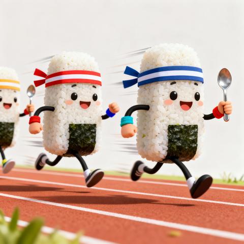 Cartoon-style image of several sushi rice cakes dressed in fun athletic gear, running a relay race on a track and passing tiny spoons as batons. Each rice cake has a cheerful expression, with bacon-and-egg and blueberry-almond butter toppings clearly visible. The scene evokes playful competition and camaraderie in an endurance sports context.