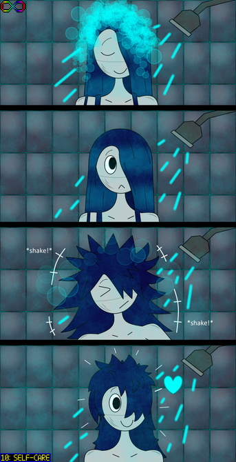 AUCTOBER 2025
10: Self-Care
Four-panel drawing of Iridium showering (cyan liquid -- electrionium -- acting as water), only her head and shoulders are displayed. From top to bottom: in the first panel is Iridium with shampoo bubbles all over her soaked hair, letting the shower water wash the bubbles away. The second panel shows that Iridium notices her hair is not messy (after the bubbles have washed away), so in the third panel, she shakes her hair around, drying it up and making it fluffier, intentionally making her hair messy. In the fourth panel, Iridium is happy and comfortable that her hair is now messy.