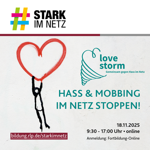 Informationen aus Post, ergänzt um die Webseite bildung.rlp.de/starkimnetz illustriert mit Logos und einem an einem Herz hängenden Strichmännchen