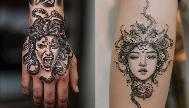 Detailed Medusa tattoos on hand and arm featuring snake hair and powerful expressions, symbolizing strength, transformation, and Medusa Tattoo Meaning.