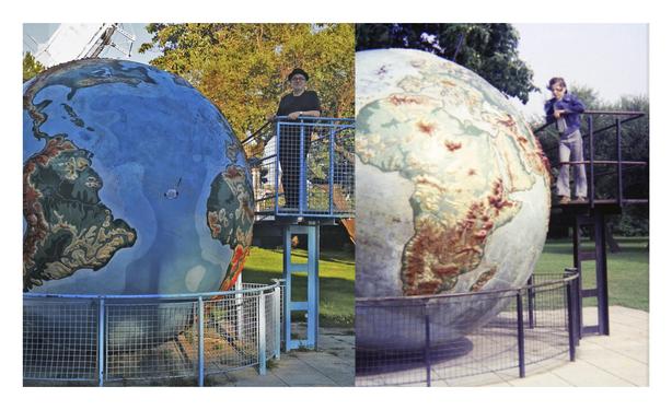 Ein Mensch am gleichen Ort im Abstand von 50 Jahren aufgenommen. An der Weltkugel im Wiener Prater. Links die Weltkugel, der Mensch als Mann rechts daneben. Links als älterer Herr, rechts als Jugendlicher.