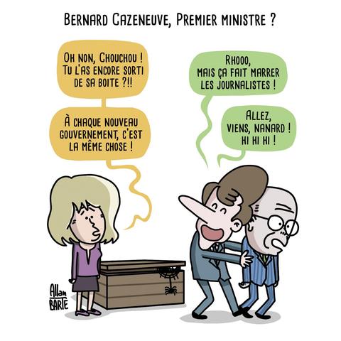 Dessin d'Allan BARTE.

Titre :  Bernard Cazeneuve, Premier ministre ?

Brigitte Macron est devant une vieille boîte en bois entre-ouverte, pleine de toiles d’araignée.
Les bras ballants, elle soupire : « Oh non, Chouchou ! Tu l’as encore sorti de sa boîte ?!! À chaque nouveau gouvernement, c’est la même chose ! » 
Macron, hilare, tire l’ancien Premier ministre Bernard Cazeneuve par les épaules en disant :  «  Rhooo, mais ça fait marrer les journalistes ! Allez, viens, Nanard ! Hi hi hi ! »