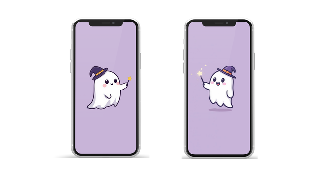 Matching couple phone wallpapers featuring a cute white ghost wearing a purple witch hat. The ghost is smiling and holding a magic wand, set on a soft lavender background. Perfect Halloween-themed kawaii lockscreen and home screen digital download for couples.