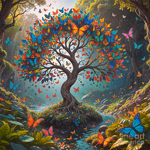 Digital Art - Digital Art, Digital Painting, Photoshop, Square Image,

https://kaye-menner.pixels.com/featured/tree-of-butterflies-by-kaye-menner-kaye-menner.html

Description
A vibrant tree stands in a mystical, forested landscape, its branches adorned with many colorful butterflies and colorful leaves. Sunlight filters through the canopy, illuminating a serene stream that meanders amongst lush greenery.

The image depicts a fantastical and vibrant scene of a tree in a lush forest. The tree has a twisted trunk and is adorned with colorful leaves and lots of colorful butterflies The leaves are in shades of red, orange, and blue, and seem to blend in with the butterflies. The butterflies are scattered throughout the scene, adding a sense of movement and life. The tree is situated by a small stream, with rocks and lush green foliage surrounding it. Sunlight filters through the trees, creating a serene and magical atmosphere.
