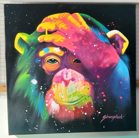 a painting of a chimpanzee with a weary and confused expression, its body done with a prismatic array of colors, some splatter and drip effects on it 
