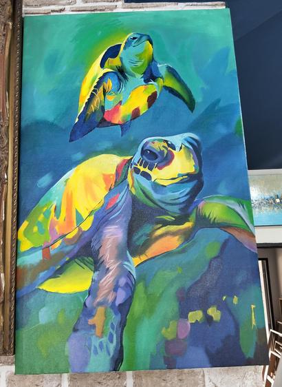 a painting of two sea turtles , seen from a low perspective, floating through the water, done with bright colors in a modern impressionist style 