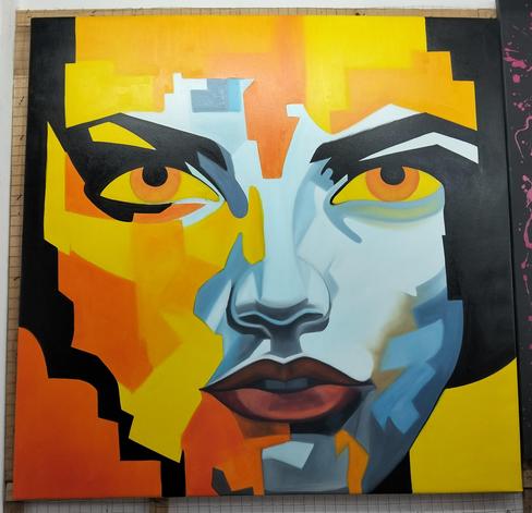 a painting of a young face looking at the viewer, it is obscured by geometric blocks of silver and yellow colors in different tones 