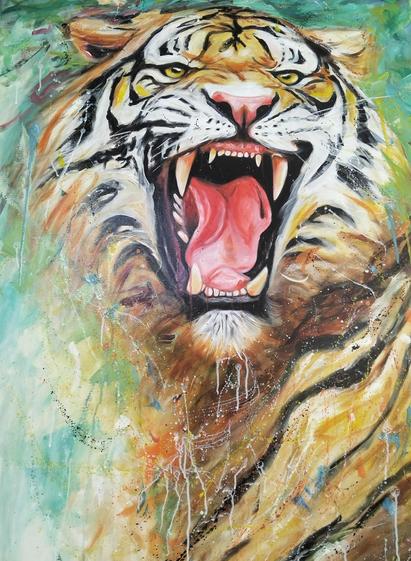 a painting of a tiger, seen from its chest up, splatter and drip effects on it, its mouth open and striking up and to the right 