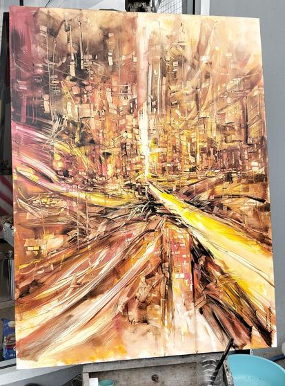 a painting of a dreamy crowded cityscape painted with amber tones energy rushing through it from many different angles in a dynamic way 