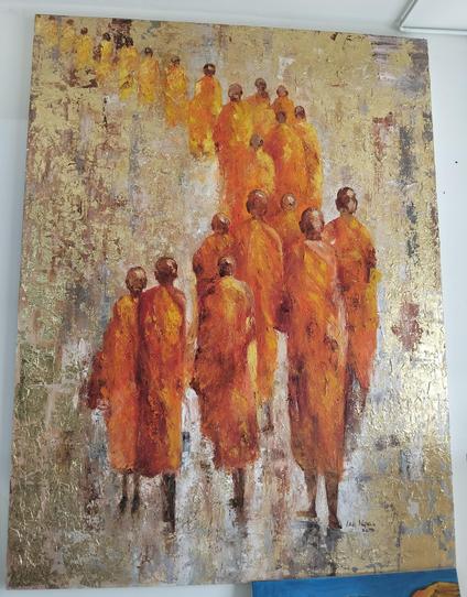 a painting of monks wearing robes, seen from behind, a line of them, a golden background, they are going up and to the left 