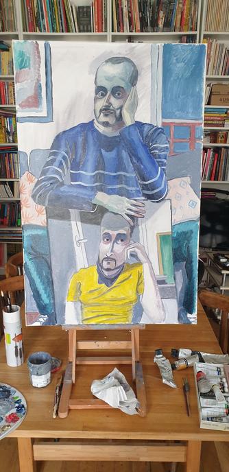 Portrait à l'huile d'un homme qui tient un portrait de lui-même 