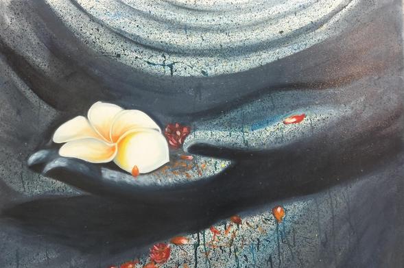 a painting of a statue of the buddha' his lap, his hand laying on his lap, the palm upturned, a white and yellow leelawadee flower has landed on it