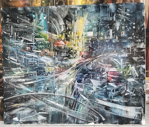 a painting of a cityscape, congested and crowded, done with lots of blues, whites, purples, blacks and reds and whites, energy flowing through it gracefully and dynamically 