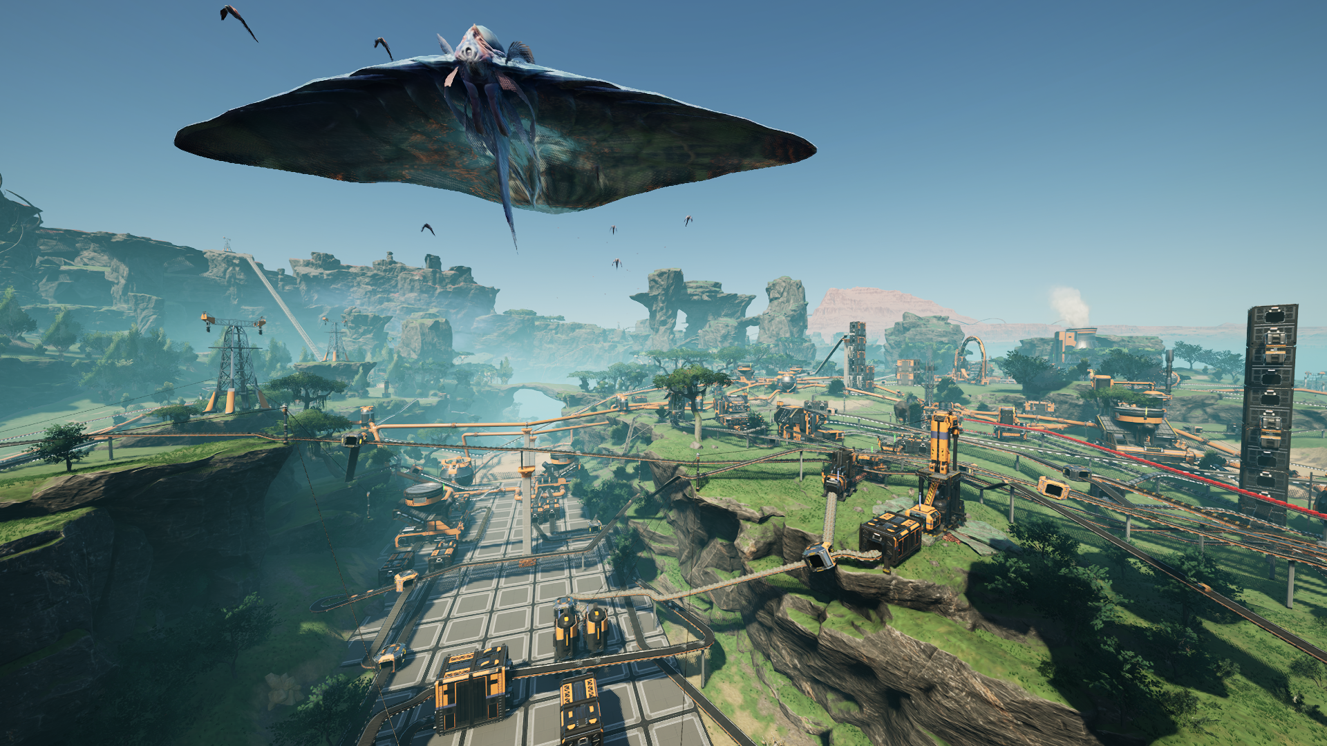 screenshot of satisfactory, a school of fish is flying through the picture screenshot of satisfactory, a school of fish is flying through the picture