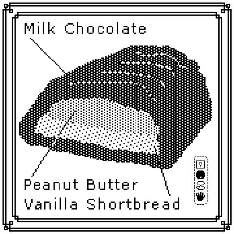 a cross section diagram of a candy novelty rendered as a black and white pixelly drawing. there are captions with lines pointing out the milk chocolate, peanut butter and vanilla shortbread components. a needle point sampler-style ornamental border surrounds all.
