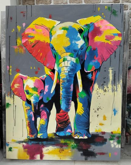 a large male parent elephant and its baby, facing the viewer, splatter and drip effects behind it 