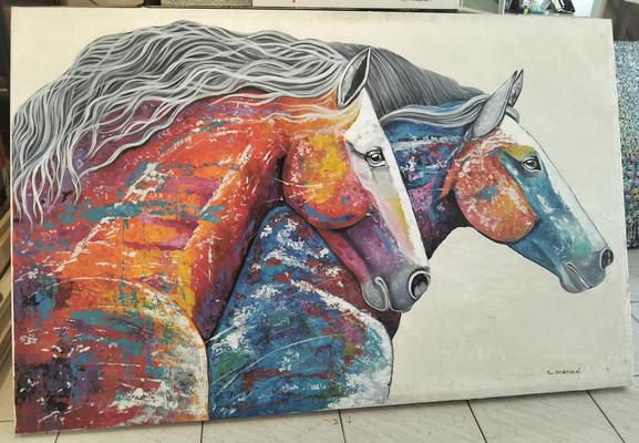 two horse, galloping, seen from their necks up, their forms painted with a prismatic assortment of colors, against a white background 