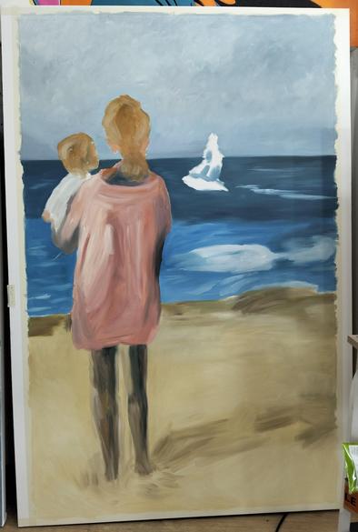 a painting of a woman holding a baby, water a person on a jetski on the water, waves crashing, the painting only partially finished 