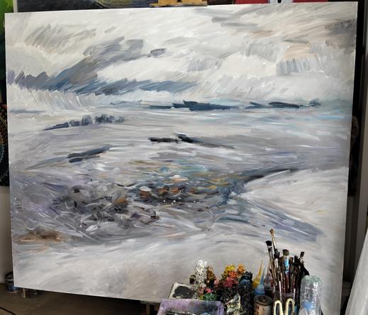 a painting done in an impressionist style of a large landscape, the painting is only partially finished 