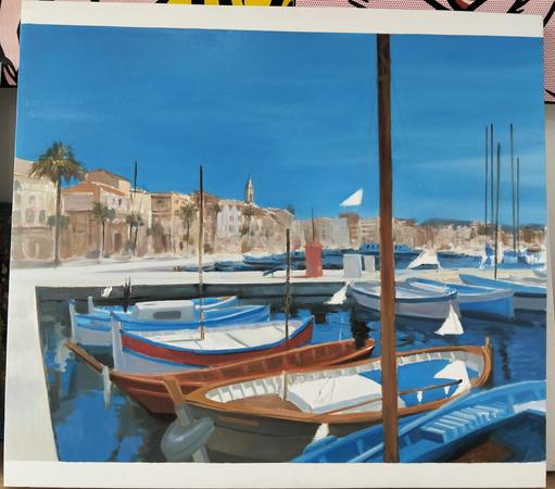 a painting of a marina, there are boats tied up, the street with tan buildings behind, a bright blue sky above 