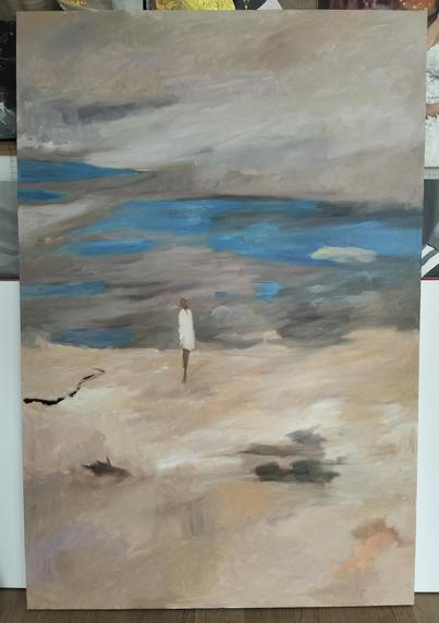 a painting of a slender figure seen from far away, they are standing near a small blue pool of water in a dry landscape, the painting unfinished, lacking details 