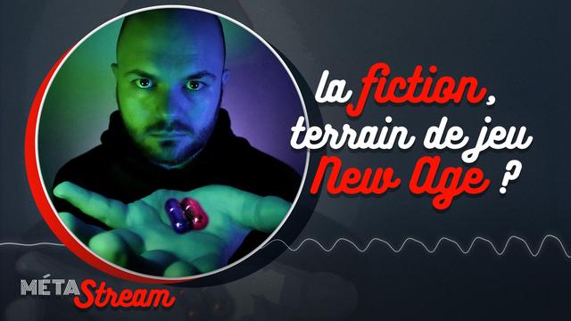 Un homme propose la pilule rouge ou la pilule bleu en référence au film Matrix. Illustration de l’émission STREAM intitulée : La fiction, terrain de jeu New Age ?, du podcast Méta de Choc.
