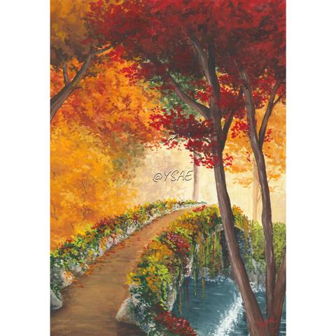 Gouache représentant un pont de pierre qui traverse une rivière dans la forêt. Il croule sous la verdure.