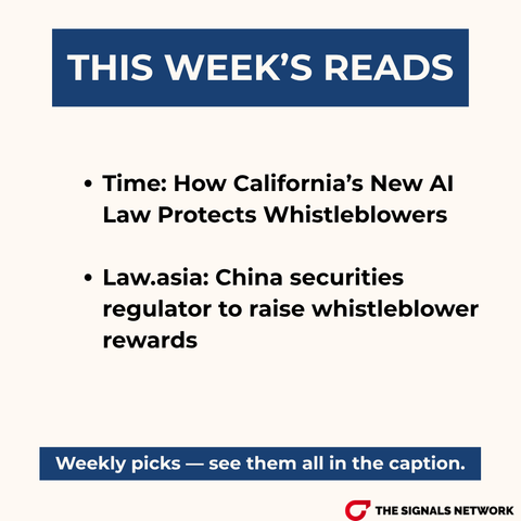 Time: How California’s New AI Law Protects Whistleblowers
Law.asia: China securities regulator to raise whistleblower rewards
