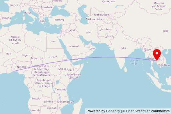 A map showing the great circle route from Ouèdo in Benin to a map pin at Poipet Catholic Church, National Highway 5, Poipet, Cambodia