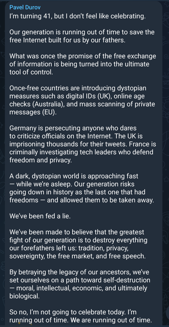 Screenshot of a text message from Pavel Durov as a notification for all Telegram users