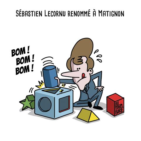 Dessin d'Allan BARTE.
Titre :  Sébastien Lecornu renommé à Matignon

Bom ! Bom ! Bom ! Macron, concentré et langue pendue, essaye de forcer un cylindre bleu dans le trou triangulaire d’un cube pour enfants.