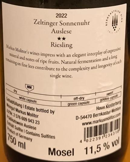 Back-label of a bottle of German wine