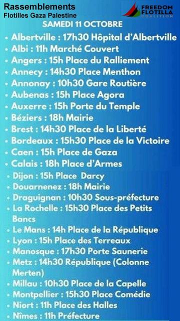 rassemblements Flotilles Gaza Palestine week end 11-12 octobre 2025 par villes