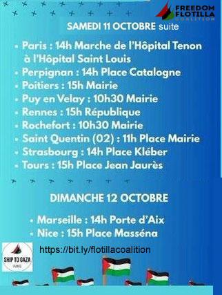 rassemblements Flotilles Gaza Palestine week end 11-12 octobre 2025 par villes