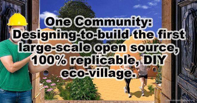 Entrance view of an eco-village courtyard with domed earth buildings, a person in a hard hat at the doorway, and two joggers; overlay text about a replicable DIY eco-village.