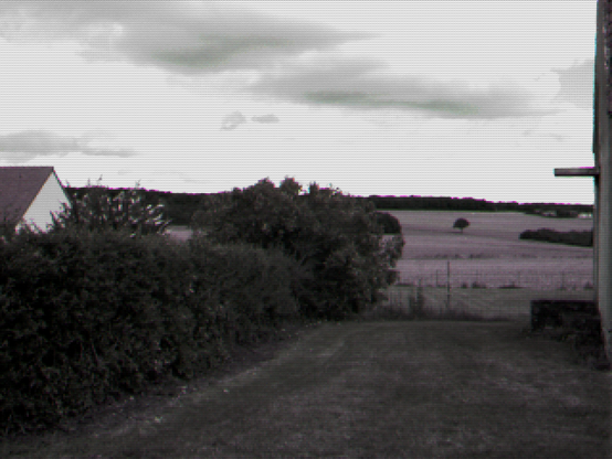 A field with with a gray sky and bushes on the side, silhouette of a house. 
QuickTake 100 image, rendered too dark