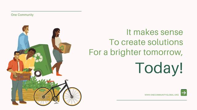 Illustration of people recycling and a bicycle with text about creating solutions for a brighter tomorrow.