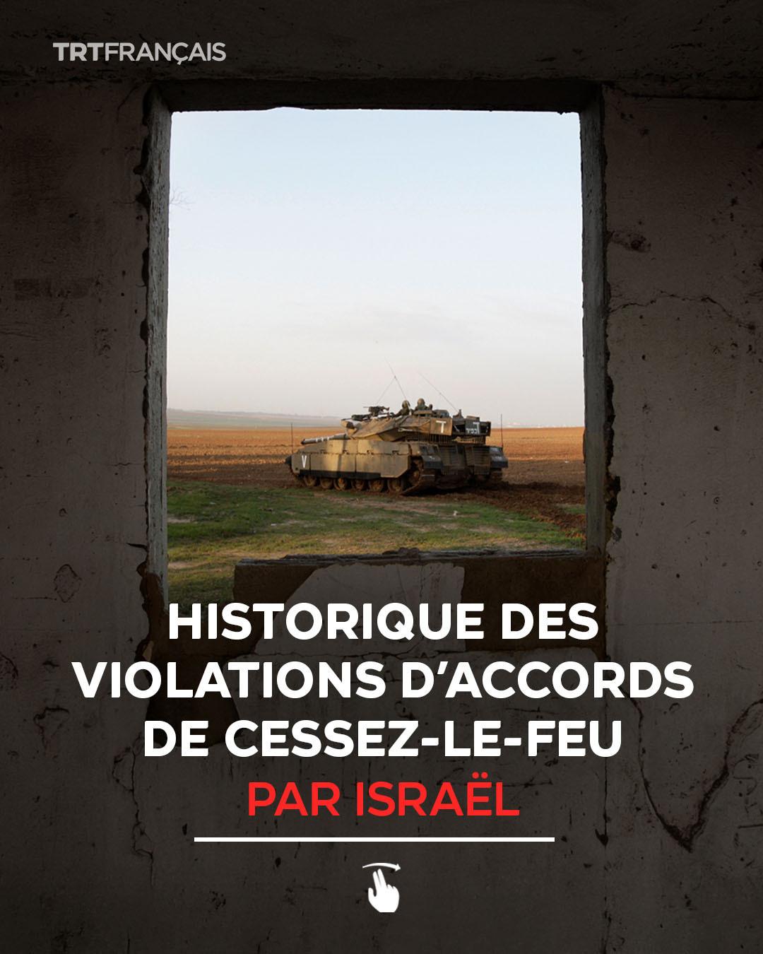 photo de char + texte : historique des violations d'accords de cssez-le-feu par Israel
