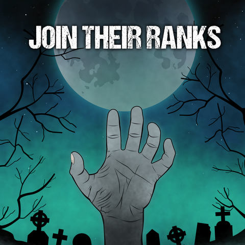A zombie hand reaching out of the ground against a full moon in a graveyard.