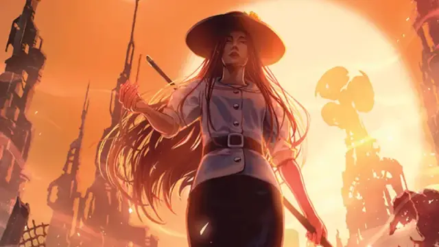 Official art from "Call of Cthulhu: The Sutra of Pale Leaves: Carcoas Manifest," featuring a young Japanese woman walking with a sun setting behind her.