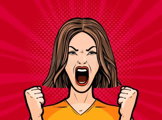 A woman in front of a red background raising her clenched fists and screaming