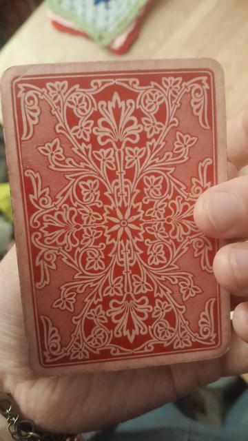 The back of the playing cards. It is shades of red and has a pattern that kinda looks like an old carpet.