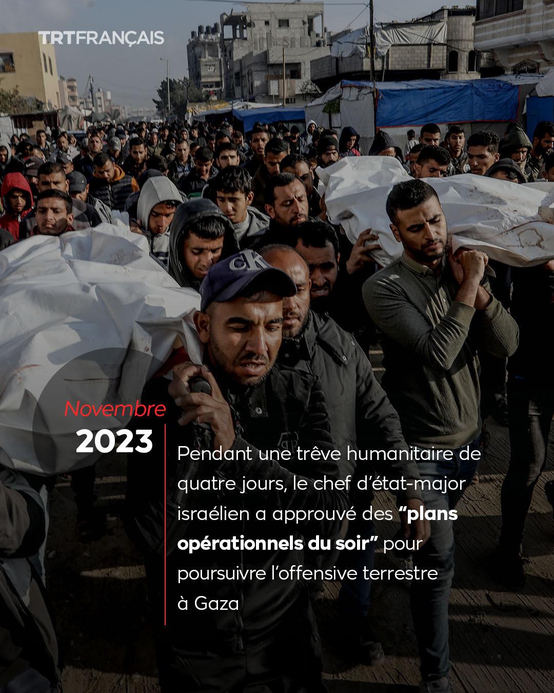 Photo une foule a Gaza au 1er plan des hommes portent des corps en linceul blanc
Novembre 2023 :  Pendant une tréve humanitaire de quatre jours, le chef d'état-major israélien a approuvé des “plans opérationnels du soir” pour poursuivre l'offensive terrestre a Gaza