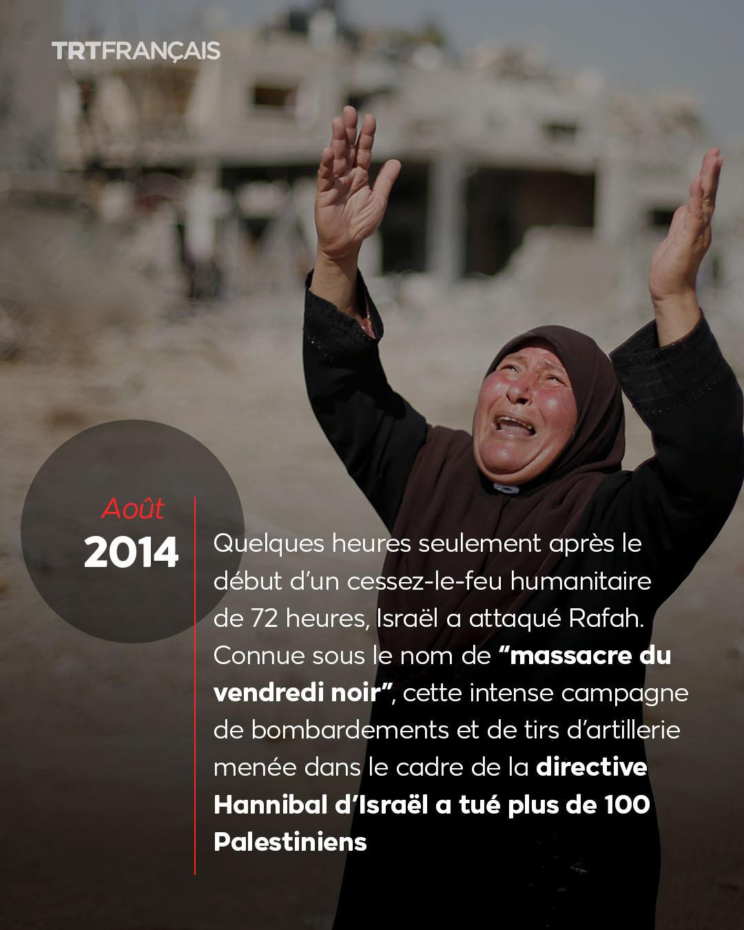 Photo une gazaoui implore le ciel
Aout 2014 Quelques heures seulement apres le cessez-le-feu humanitaire de 72 heures, Israél a attaqué Rafah.
Connue sous le nom de “massacre du vendredi noir”, cette intense campagne de bombardements et de tirs d'artillerie menée dans le cadre de la directive Hannibal d’Israél a tué plus de 100 Palestiniens