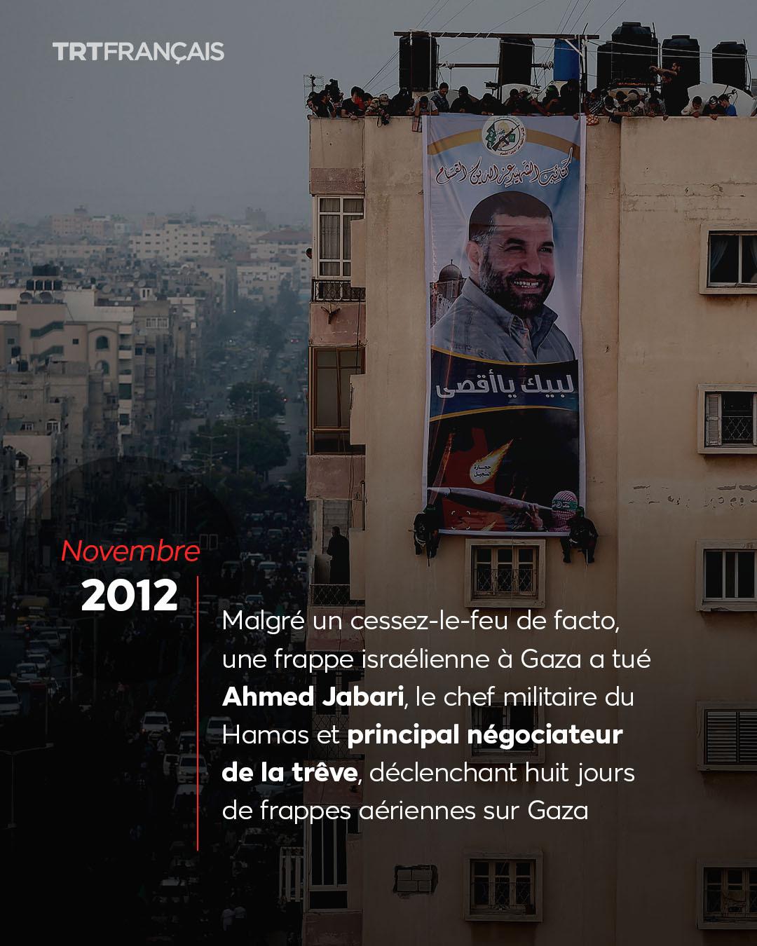 Novembre 2012
Malgré un cessez-le-feu de facto, une frappe israélienne a Gaza a tué Ahmed Jabari, le chef militaire du Hamas et principal négociateur de la tréve, déclenchant huit jours de frappes aériennes sur Gaza